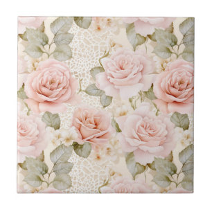 Azulejo Ducha de Novia Floral Rosas Rosadas Tono Crema