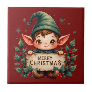 Azulejo Duende Navideño Adorable Sosteniendo Letrero Alegr
