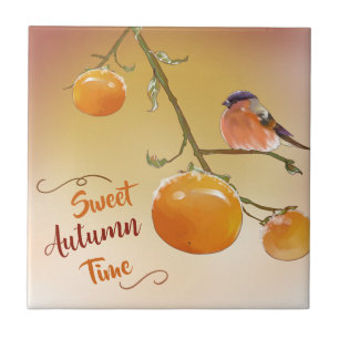 Azulejo Dulce otoño Naranja lindo Persimmon Fruits y pájar