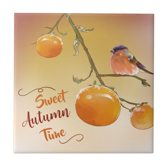 Azulejo Dulce otoño Naranja lindo Persimmon Fruits y pájar (Frente)