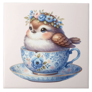 Azulejo Dulce Pájaro en Arte Cottagecore de Taza de Té Flo