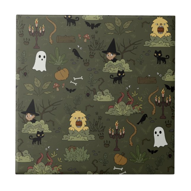 Azulejo Dulce patrón de bosque embrujado de Halloween (Frente)