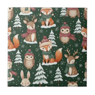 Azulejo Dulce patrón navideño de animales del bosque verde