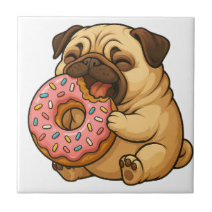 Azulejo Dulce pug donut caricatura divertida masticando