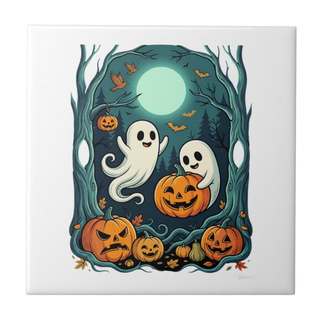 Azulejo Dulces fantasmas de Halloween y bosque de Jack O L (Frente)