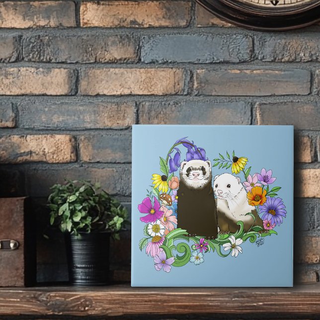 Azulejo Dulces Ferrets Azules Caprichosos con Flores Parej (Subido por el creador)