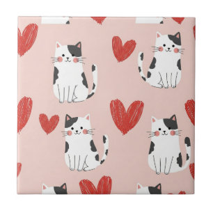 Azulejo Dulces Gatos Kawaii Rosados y Patrón de Corazones