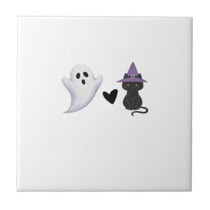 Azulejo Dúo adorable de Halloween Fantasma amistoso y gato