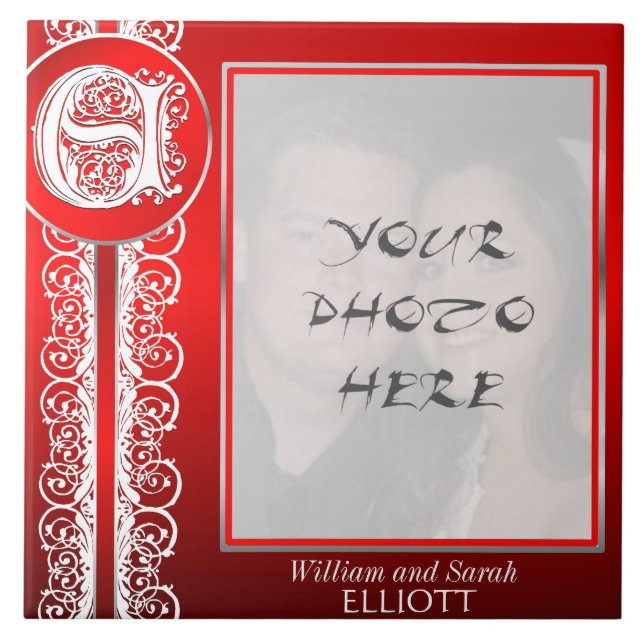 Azulejo E Monograma "Lazo blanco sobre rojo" con foto - mo (Frente)