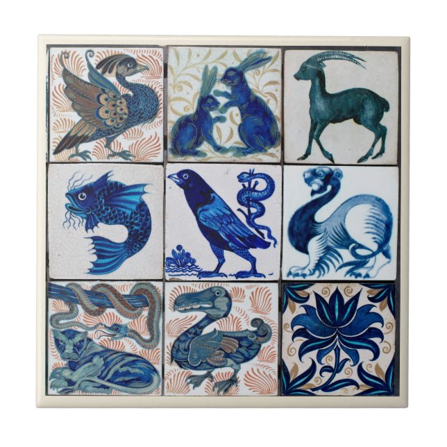 Azulejo Earthen Ware Animals Blue White | Mosaico cerámico (Frente)