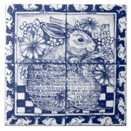 Azulejo Easter Navy Blue White Bunny Rabbit Dedham Delft