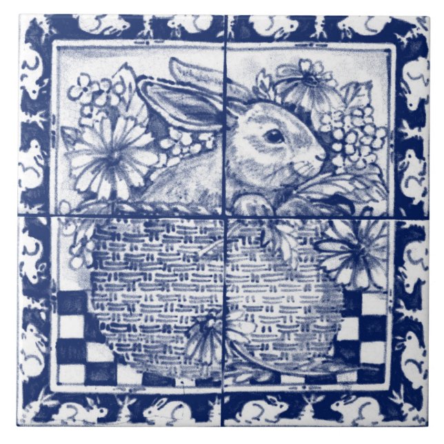 Azulejo Easter Navy Blue White Bunny Rabbit Dedham Delft (Frente)