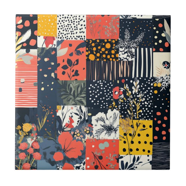 Azulejo Ecléctico Patchwork Botánico Audaz con Lunares (Frente)