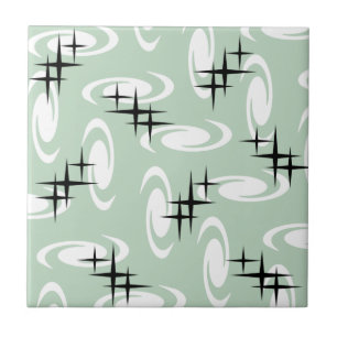 Azulejo Edad Atómica Retro Patrón de estrellas Sage Verde