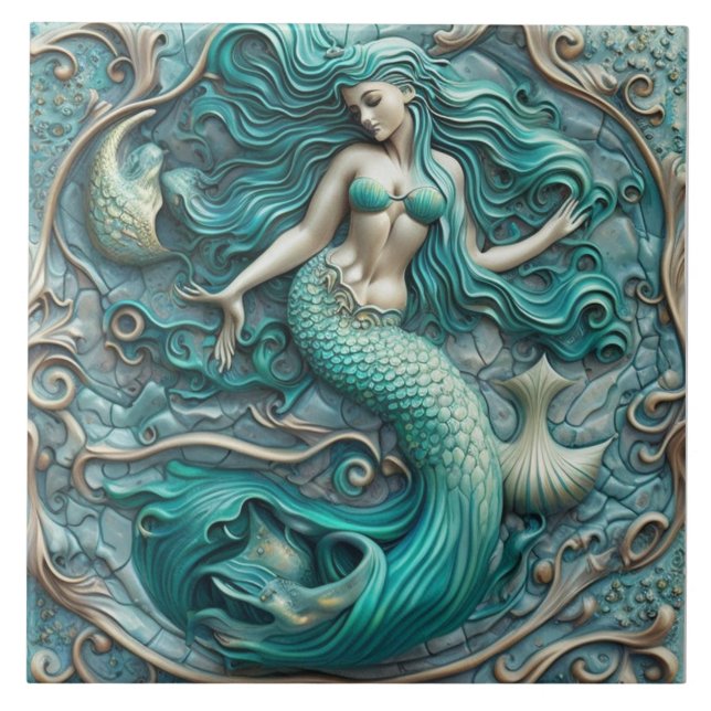 Azulejo Efecto 3D Aqua Marine Ceramic Tile Mermaid Design (Frente)