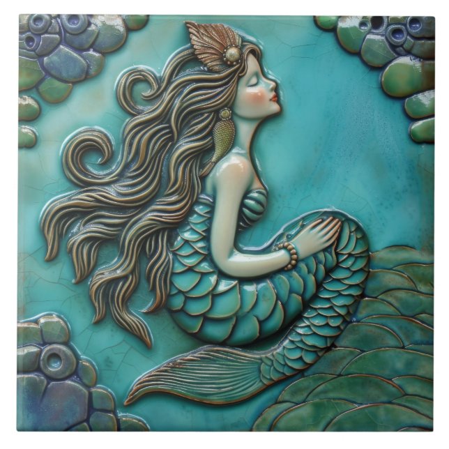 Azulejo Efecto 3D de la sirena verde azul Aqua (Frente)