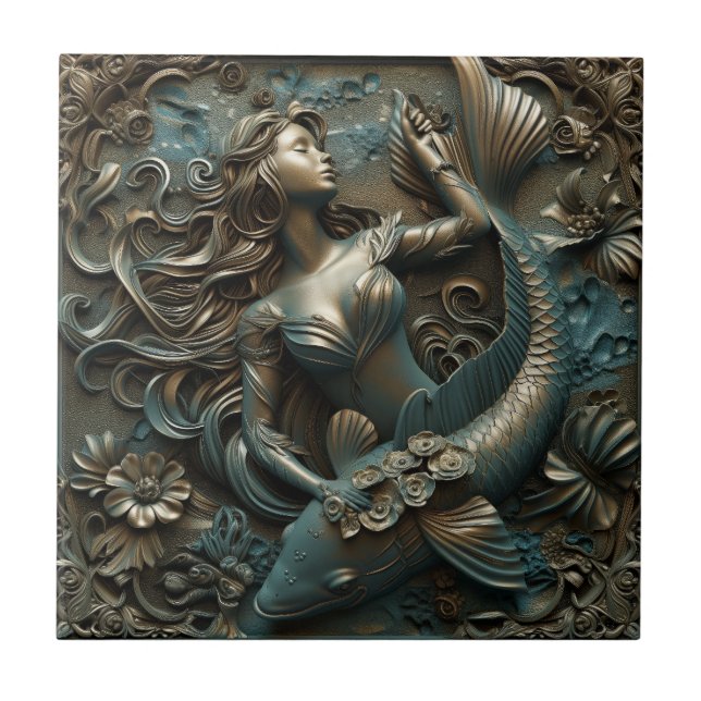 Azulejo Efecto 3D de Sirena y Pescado (Frente)