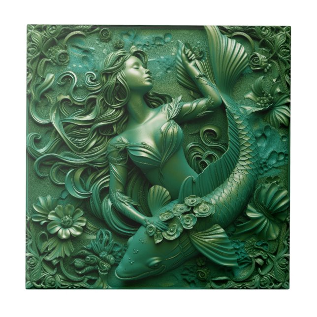 Azulejo Efecto 3D de Sirena y Pescado (Frente)
