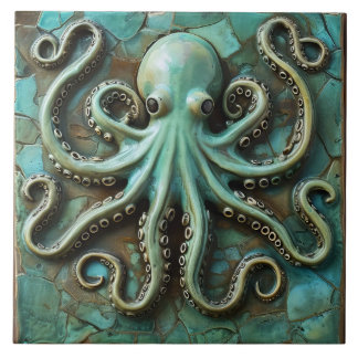 Azulejo Efecto 3D del Octopus marino verde acuático