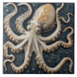 Azulejo Efecto 3D del pulpo naumático Acento acuático<br><div class="desc">Estilo vintage,  pulpo con temática náutica de colores marrón claro y azul marino oscuro con un diseño de efecto 3d fresco.</div>
