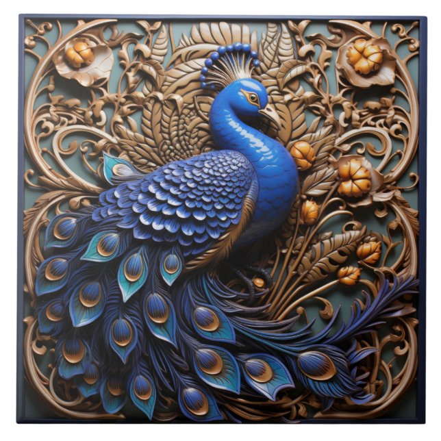 Azulejo Efecto 3D: pavo real azul, barroco (Frente)