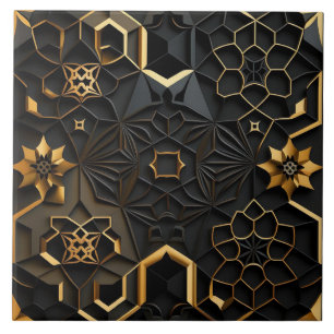 Azulejo Efecto de mosaico floral geométrico negro y dorado
