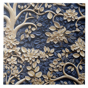 Azulejo Efecto de relieve de árbol floral dorado y azul