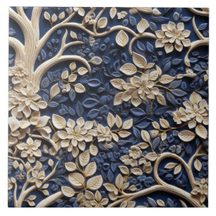Azulejo Efecto de relieve de árbol floral dorado y azul