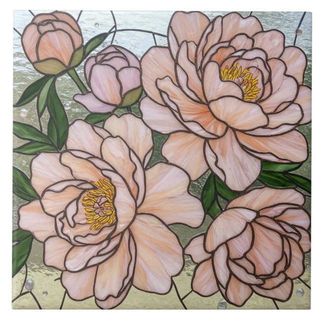 Azulejo Efecto de vidrio manchado de flores de peón rosado (Frente)