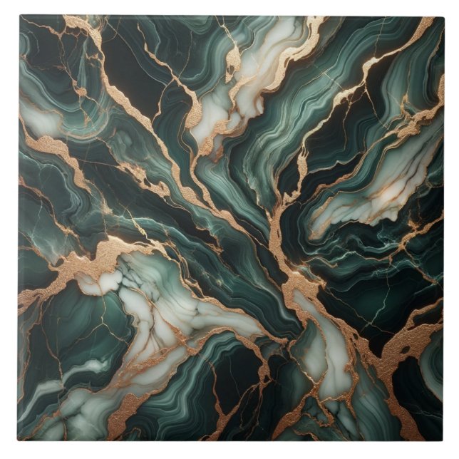 Azulejo Efecto mármol verde profundo y marfil fluyendo (Frente)
