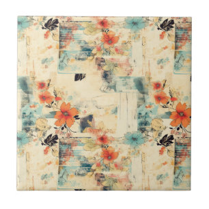 Azulejo Efímera floral azul naranja antigua desvanecida