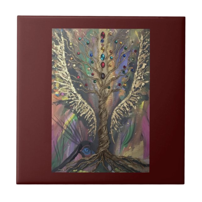 Azulejo El Árbol Divino De La Vida alas celestiales y joya (Frente)