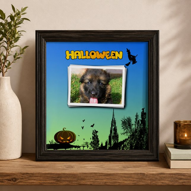 Azulejo El atardecer de Halloween con marco fotográfico ag (Halloween Dusk with Witch Add Photo Frame Ceramic Tile)