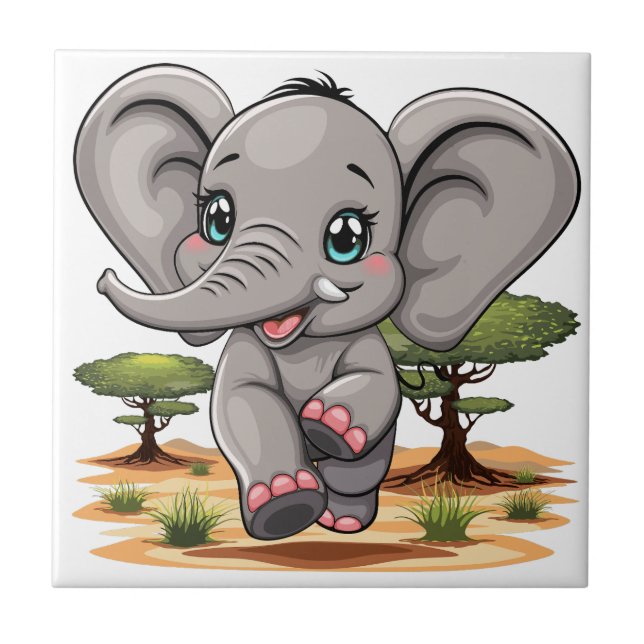Azulejo El bebé elefante salta feliz en la sabana africana (Frente)