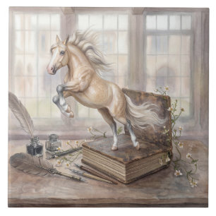 Azulejo El caballo erudito saltando de un libro