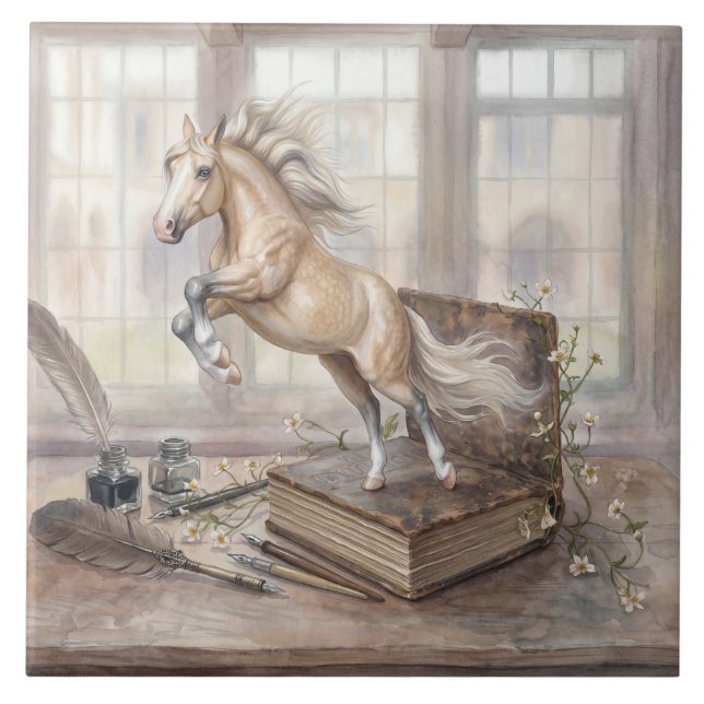 Azulejo El caballo erudito saltando de un libro (Frente)