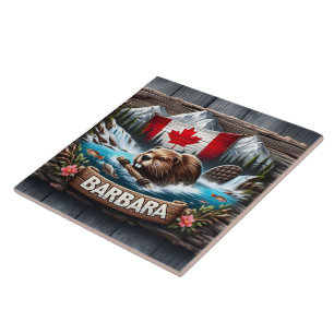 Azulejo El castor canadiense nadando cerca de la corriente