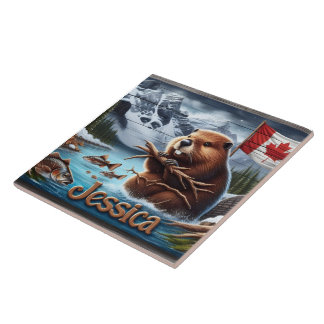 Azulejo El castor canadiense sostiene palos en un lago