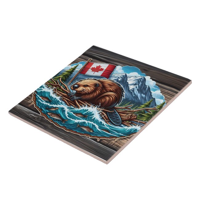 Azulejo El castor en la balsa con bandera en el río (Lado)