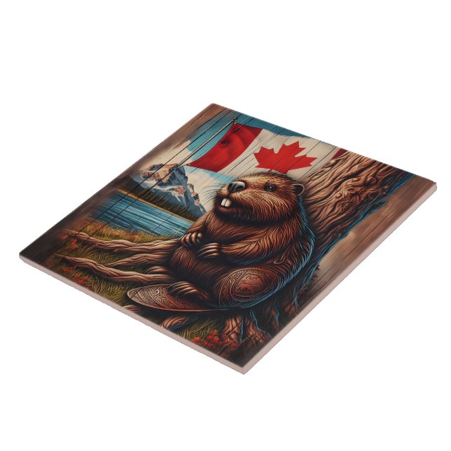 Azulejo El castor sentado a orillas del lago con bandera c (Lado)