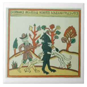 Azulejo El cazador y el verraco, ruso, tarde décimo octav