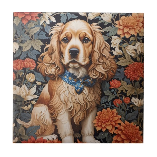 Azulejo El Cocker Spaniel William Morris inspiró la floral (Frente)