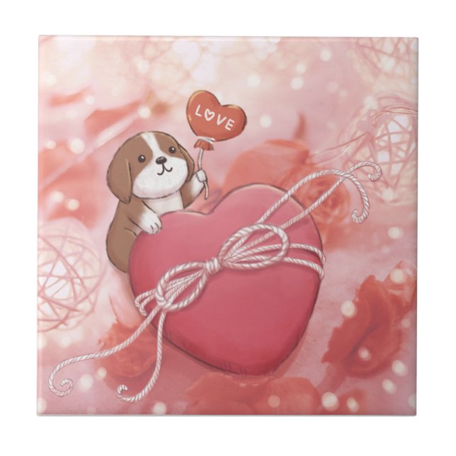 Azulejo El día de San Valentín: Beagle, corazón y luces (Frente)