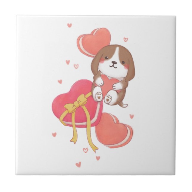 Azulejo El día de San Valentín: Beagle y Macarons (Frente)