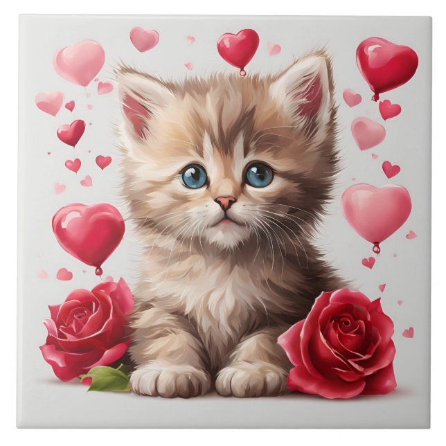 Azulejo El día de San Valentín de acuarela Kitten con Rosa (Frente)