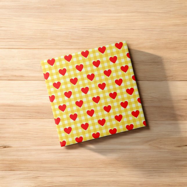 Azulejo El día de San Valentín de Gingham amarillo del cor (Pink Heart Checkered Pattern Valentine's Day Pillar Candle)