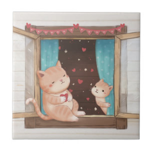 Azulejo El día de San Valentín: Ilustracion de gatos y cor