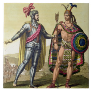 Azulejo El encuentro entre Hernando Cortes (1485-1547)