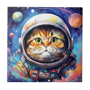 Azulejo El gato astronauta se aventura en acuarela