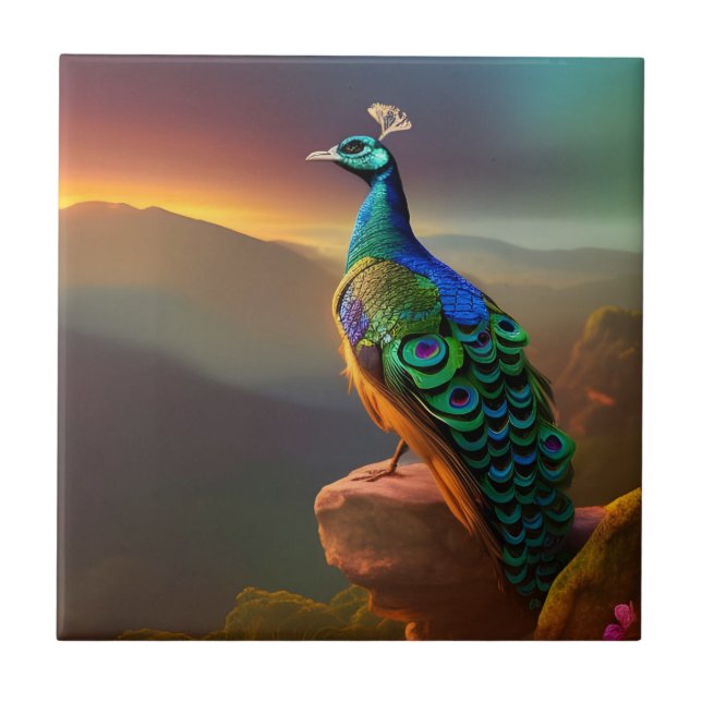 Azulejo El hermoso pavo real da la bienvenida al día (Frente)